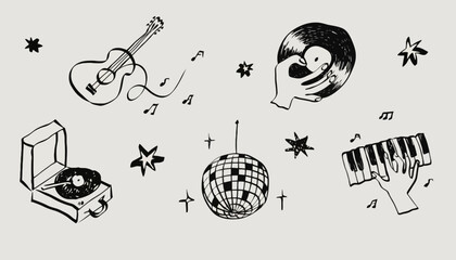 Music festival scene with guitar, vinyl records, turntable, disco ball, and piano © dale