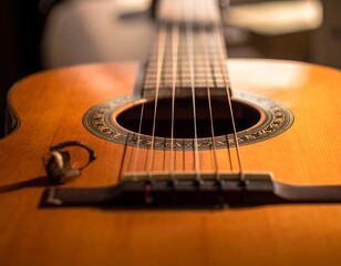 Fototapeta premium Close-up of a well-worn acoustic guitar, showcasing strings, soundhole, and body. Warm lighting accentuates the wooden texture. Shallow depth of field