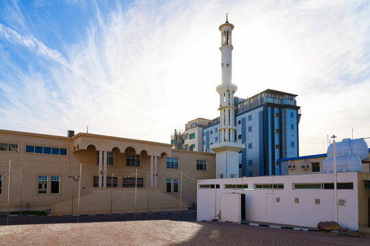 Al-Mina Mosque and its modern minaret in the coastal city of Umluj, Saudi Arabia