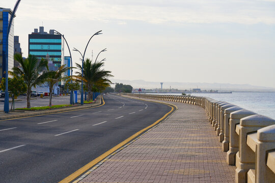 Peaceful waterfront promenade overlooking the Red Sea in Umluj, Saudi Arabia