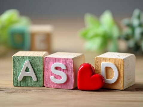 木製ブロックで形作られたASDの文字と赤いハートが並ぶ発達障害や自閉症のイメージ