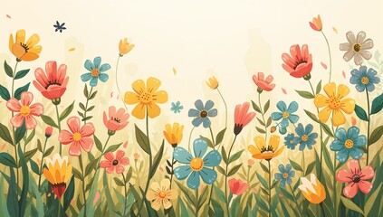 Naklejka premium Colorful Floral Pattern with Bright Flowers and Green Leaves in Artistic Style for Spring or Summer Designs