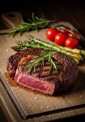 A perfectly seared ribeye steak resting on a rustic wooden board, garnished with fresh rosemary sprigs, roasted asparagus, and cherry tomatoes, barbecue, grilled, meat