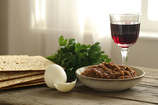 Traditional Passover Seder plate with wine, matzo, egg, and charoset on a wooden table