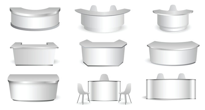 Collection of modern reception desk counters in various shapes and perspectives, isolated on white background. Minimal contemporary front desk furniture commonly used in offices, hotels, clinics, bank