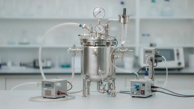Medium shot of a smallscale stainless steel bioreactor system in a controlled lab environment highlighting precise instrumentation and compact design for experimental fermentation.