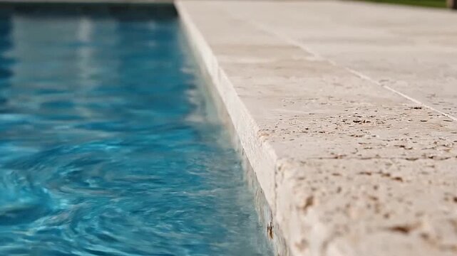 Close-up of clear blue water at the edge of a stone-lined swimming pool