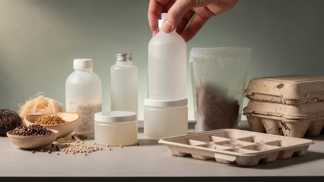 Medium shot featuring compostable resin prototypes in varied forms focusing on biodegradable materials and sustainable packaging options in a circular economy setting.