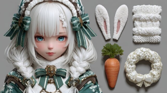 A stylized doll with white braids and teal winter clothing stands beside soft bunny ears, carrot, and knit accessories, ideal for character design, toys, or festive branding.