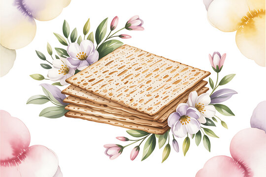 Matzo, Jewish holiday, Passover symbol, floral illustration, watercolor matzo