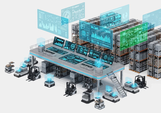 Automated warehouse control center with advanced digital interfaces and robotic logistics