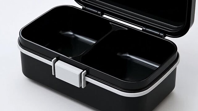 A modern black food container with two compartments for meals