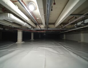 Fototapeta premium View inside building crawl space with white vapor barrier on ground, overhead utility pipes, wires. Protective sheeting covers floor, insulation visible. Space dark with overhead lighting, structural