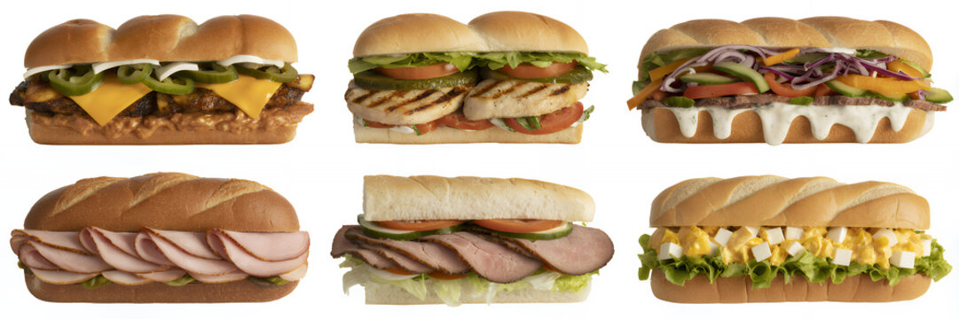 Assorted sandwiches on white background subs fast food lunch meal