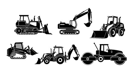 Collection of construction vehicles and heavy machinery illustrations, including bulldozers, excavators, and rollers © imran