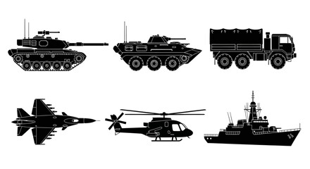 Collection of military vehicles including tanks, armored cars, trucks, fighter jets, helicopters, and naval warships © imran