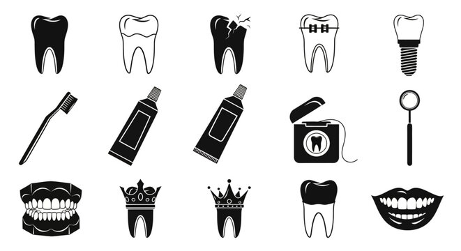 Set of dental care icons including teeth, toothbrush, toothpaste, dental floss, mirror, jaw, and crowns for oral hygiene
