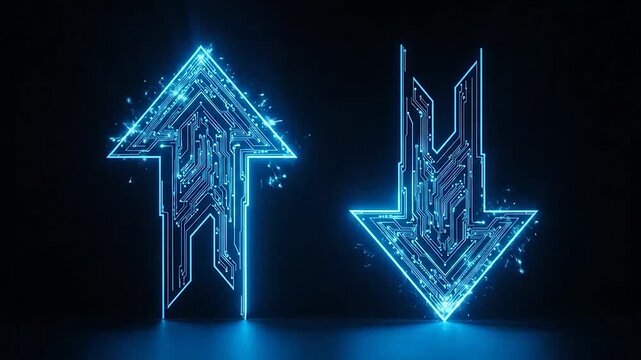 Digital arrows indicating direction and progress on a dark background