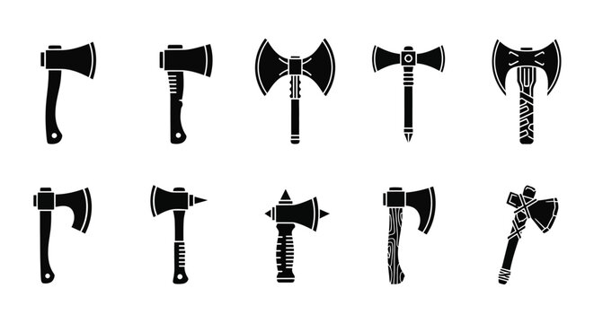 Collection of assorted axe silhouettes, including battle axes and woodcutting tools