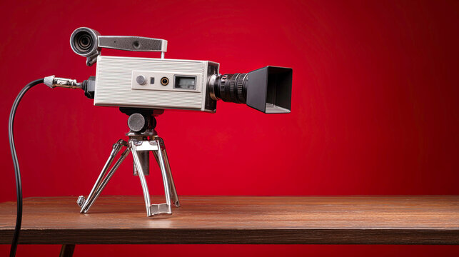 Vintage movie camera on a wooden surface with warm lighting. tutorial guides, club newsletters, designed for tourism and weekend activity guides, inspires participation.