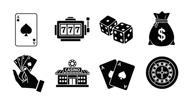 Collection of Casino and Gambling Icons Slot Machine, Dice, Cards, Roulette Wheel, and Casino Building