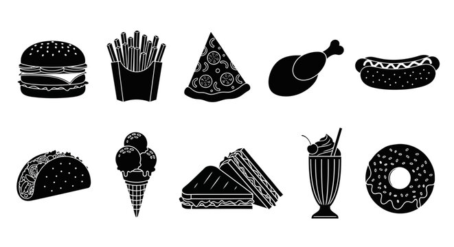 Set of delicious unhealthy fast food icons and symbols on a white background, great for menus and food-related designs