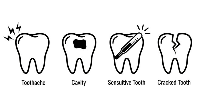 Black and White Illustrated Icons of Common Dental Problems and Oral Health Conditions