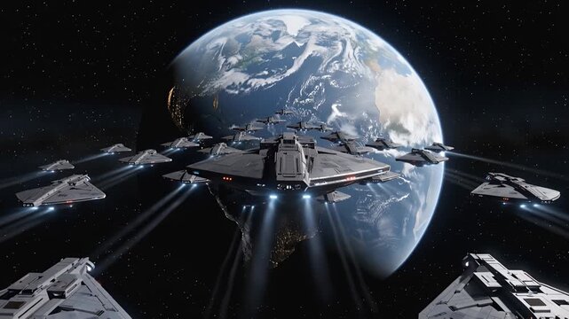 space fleet around earth orbit, sci-fi spacecraft in formation