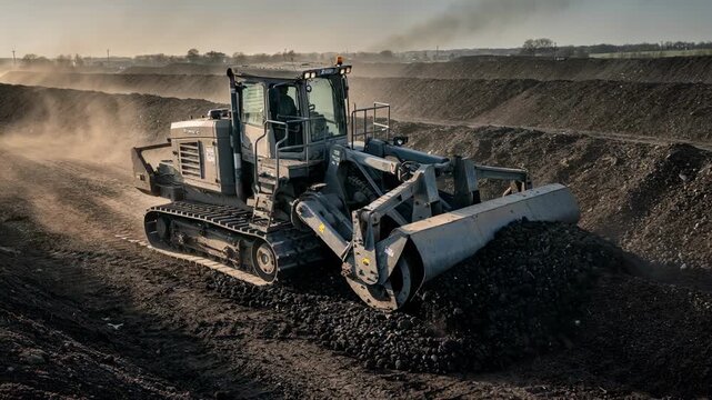 Large tracked automated windrow turner maneuvering through expansive compost piles highlighting heavyduty machinery optimizing industrialscale compost aeration and decomposition