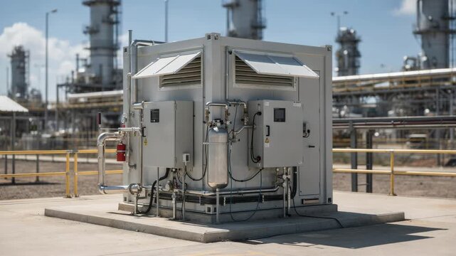 Medium shot of a remote process analyzer shelter exterior during daylight showcasing a compact building with instruments analyzing crude fractions under a clear sky.