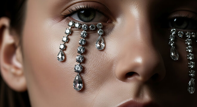 Extreme close-up of a model's eye with intricate diamond and crystal bead makeup arranged in dripping tear patterns for high-fashion beauty and luxury jewelry marketing.