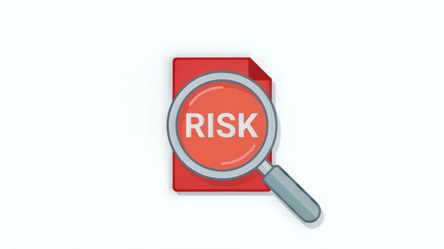 Risk assessment, magnifying glass on red file folder with risk text, symbolizing danger and threat analysis, for business and finance concepts, seamless loop