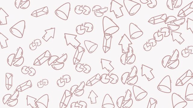 Repeating pattern of arrows, crystals, cones, and divided shapes. Suitable for backgrounds, textiles, print designs, and modern themed projects.