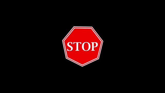 Stop sign animation on transparent background, red octagon shape appears and transforms into a clear, universally recognized symbol indicating a full stop to traffic or action