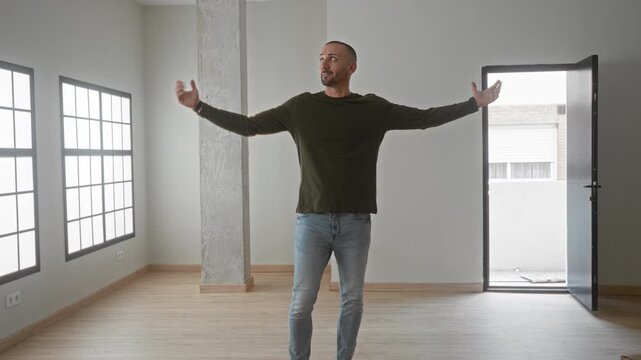 Man with arms raised showing open door and grid windows and bare hands in empty building; optimism new home.