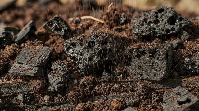 Closeup medium shot of chunky biochar pieces mixed with compost layers showcasing improved aeration and moisture control for healthy soil structure.
