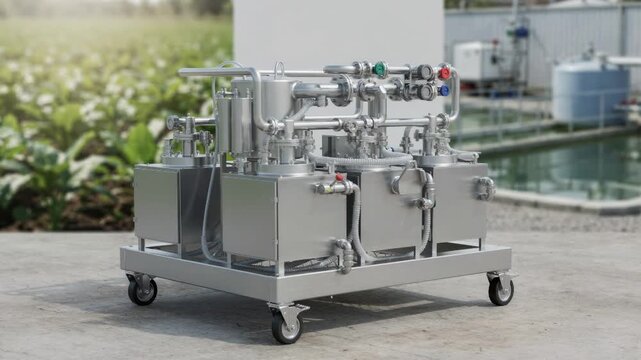Medium shot of a modular skid system designed for zerowaste nutrient recovery focusing on its flexible components and portability in various environmental settings.