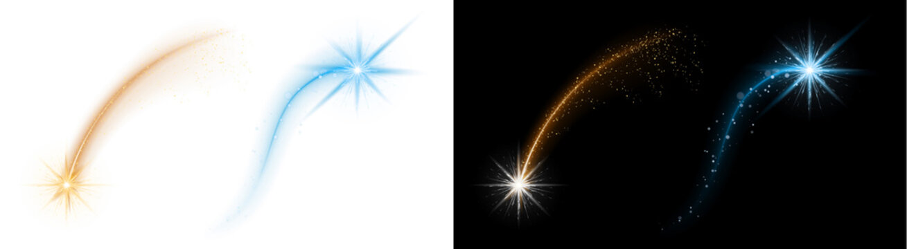 PNG image of Two vibrant stylized shooting star trails featuring bright golden and cool blue light effects on transparent background