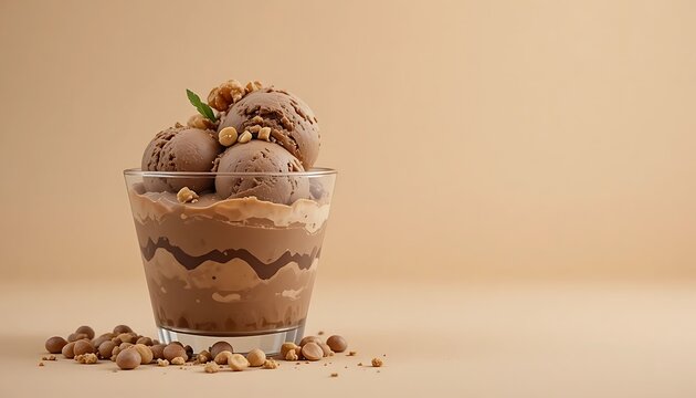 Layered chocolate dessert in a clear glass topped with scoops of chocolate ice cream, nuts, and mint garnish