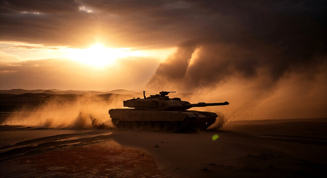 Military armored fighting vehicle kicks up dust while driving across a barren landscape during a dramatic sunset, a tank in middle east deserts