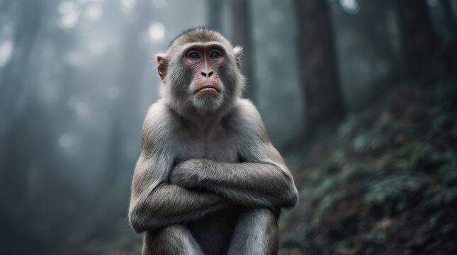 Funny pic monkey sitting in forest with crossed arms serious look