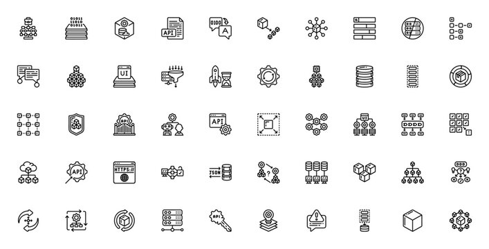 Microservices icon set. Vector illustration pack featuring architecture, deployment, modules, cloud data, security, scalability, database, and more. Editable stroke.