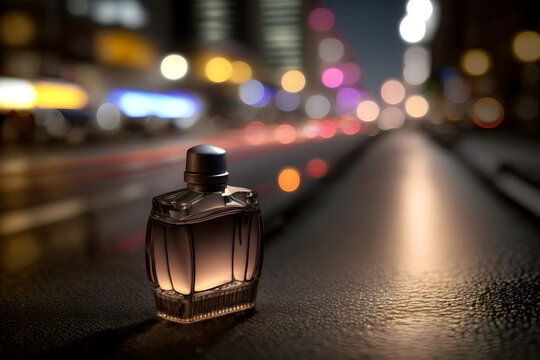 Perfume bottle against the backdrop of night city lights. Neural network AI generated art
