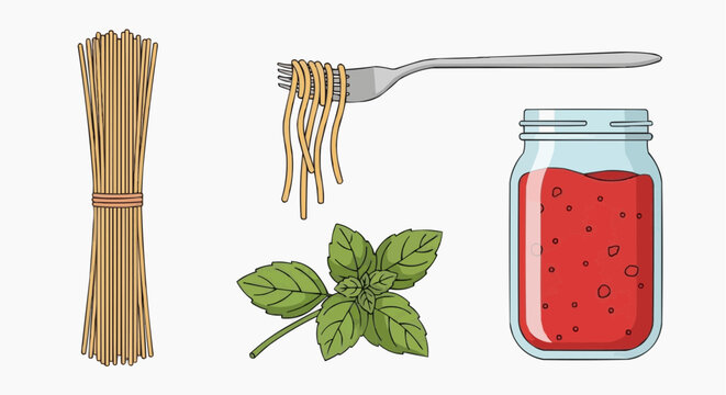 Pasta ingredients beautifully arranged: spaghetti, sauce jar, basil leaf and a fork