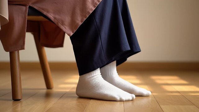 Person Wearing White Socks Standing on Wooden Floor.