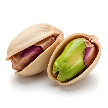 Two pistachios one opened to show the green kernel inside