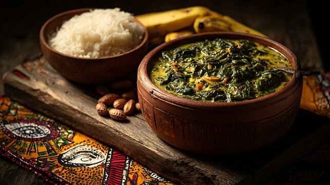 A deep artisanal terracotta ceramic bowl with Cameroonian ndol&eacute; &mdash; a dense stew of dark green vernonia leaves cooked with dried shrimp and peanut paste, slightly glistening from red palm oil. 