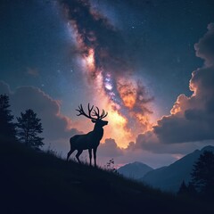 Fototapeta premium Majestic deer stands silhouetted against starry night sky with vibrant milky way clouds. Mountain landscape below with trees. Wild animal watches universe unfold.