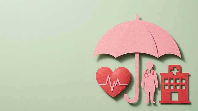 Health insurance, medical protection, healthcare concept, medical care, safety, insurance plan, hospital care featured in a paper cut art style on a green background for marketing.