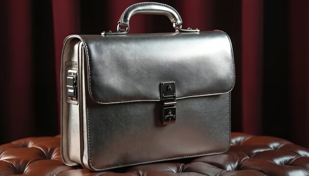 Gleaming silver leather briefcase with metal handle and clasp sits on tufted brown leather. Classic professional accessory for business documents, work or travel.